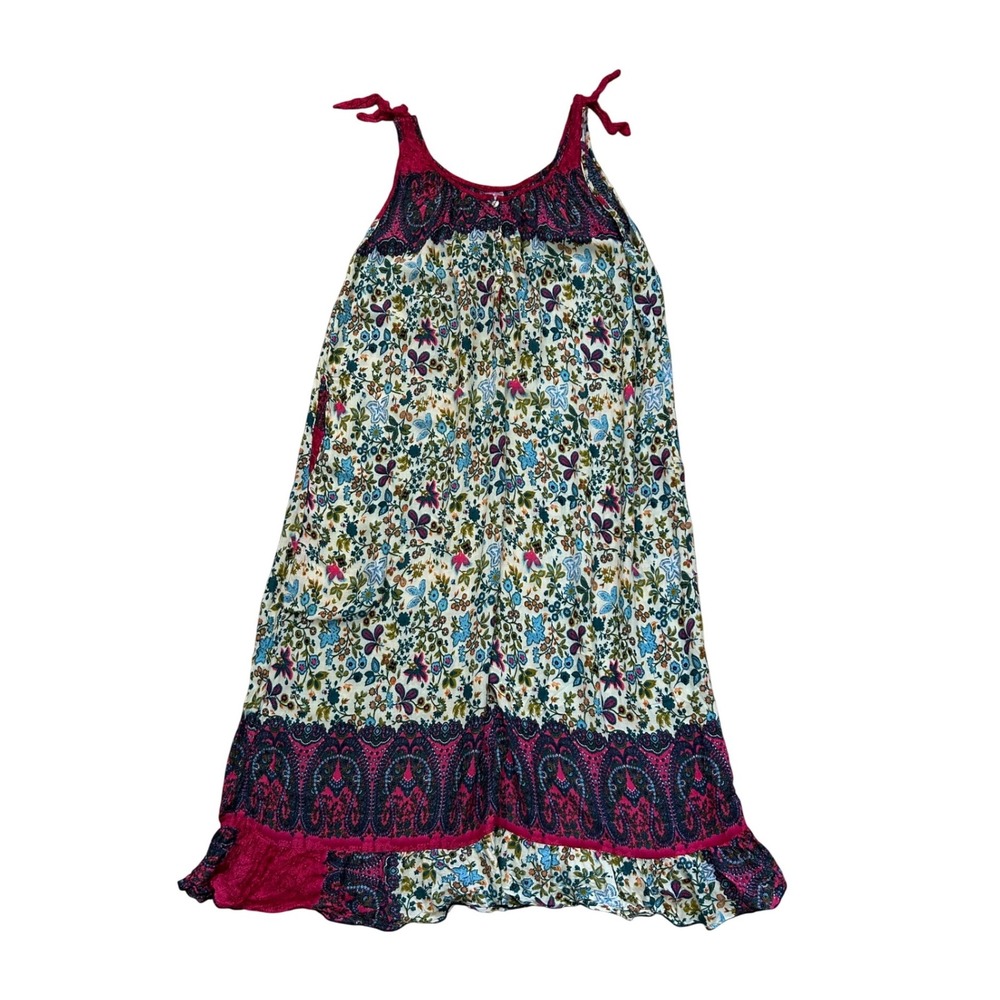 Floral Paisley Midi Dress Boho Tie Shoulder Rayon Sleeveless Pockets Multi hippy